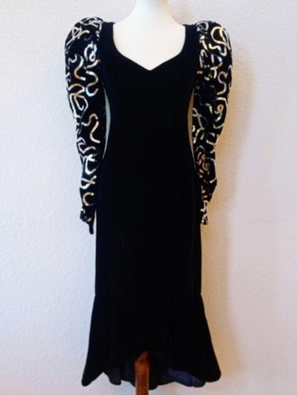Dave & Johnny vintage black velvet puff sleeve mermaid gown with silver sequins